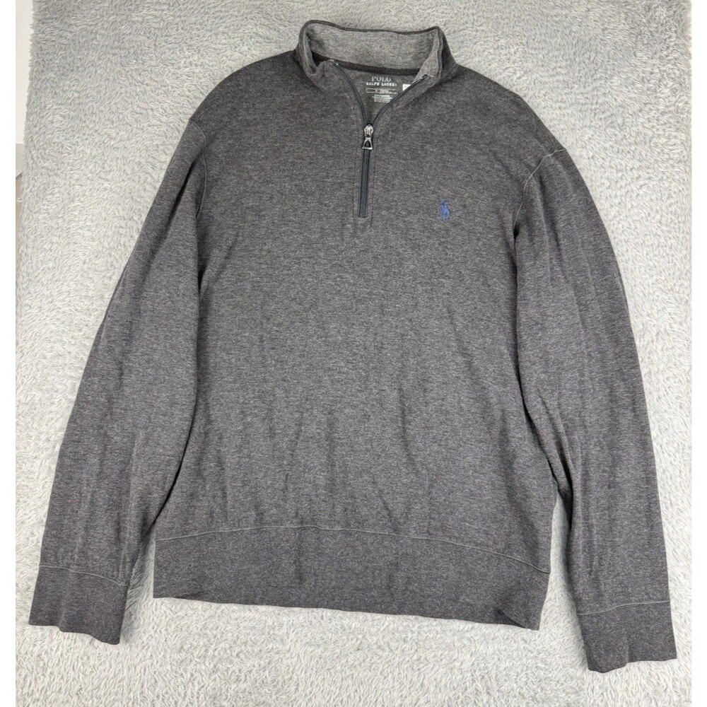 Polo Ralph Lauren Mens M Gray 1/4 Zip Pullover Sweatshirt Blue Pony Cotton Blend